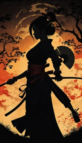 halloween silhouettes,scythe,samurai fighter,samurai,silhouette art,geisha girl,sōjutsu,swordswoman,geisha,red sun,woman silhouette,silhouette dancer,shamisen,halloween background,dance of death,ballroom dance silhouette,blood moon,shakuhachi,shinigami,the silhouette,Illustration,Black and White,Black and White 31