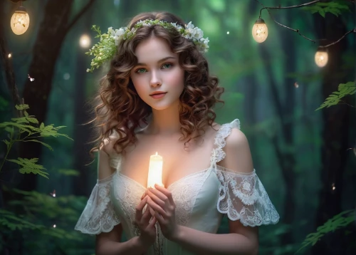 faery,faerie,mystical portrait of a girl,fairy forest,fantasy picture,fairy lights,fantasy portrait,enchanted forest,fairy queen,dryad,fairy lanterns,fairy,enchanting,romantic portrait,the enchantress,fairy tale character,celtic woman,candlemaker,fantasy art,fireflies,Conceptual Art,Oil color,Oil Color 24