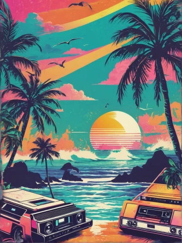 tropics,retro background,palmtrees,80s,palm trees,miami,bora-bora,80's design,oahu,dream beach,vintage wallpaper,tropical beach,acapulco,ocean paradise,aloha,hawaii,70s,retro,retro music,honolulu,Illustration,Realistic Fantasy,Realistic Fantasy 39