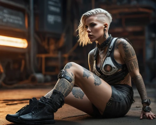 tattoo girl,punk,punk design,leather boots,cyberpunk,ballistic vest,greta oto,tattoo expo,hard woman,femme fatale,bodyworn,leather shoes,mechanic,latex clothing,women's boots,steampunk,female warrior,tattoos,puma,leather,Photography,General,Sci-Fi