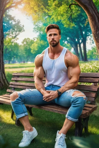 man on a bench,park bench,outdoor bench,bench,garden bench,men sitting,stone bench,spring background,gardener,farmer in the woods,forest background,nature and man,landscape background,benches,muscle icon,body-building,in the park,springtime background,bodybuilding supplement,edge muscle,Illustration,Realistic Fantasy,Realistic Fantasy 39