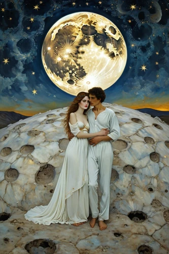 honeymoon,celestial bodies,harmonia macrocosmica,moon phase,herfstanemoon,galilean moons,fantasy picture,capricorn mother and child,sun and moon,the moon and the stars,phase of the moon,mother earth,celestial body,young couple,greek mythology,the hands embrace,fantasy art,secret garden of venus,greek myth,moonlit night