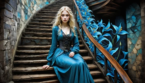 blue enchantress,girl on the stairs,fantasy art,celtic woman,stairwell,celtic harp,staircase,fantasy picture,outside staircase,winding staircase,fairy tale character,sorceress,stairway,the enchantress,winding steps,mazarine blue,stone stairway,stairs,stair,celtic queen,Illustration,Realistic Fantasy,Realistic Fantasy 23