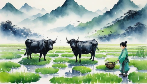 rice fields,ricefield,rice cultivation,yamada's rice fields,the rice field,chinese art,rice field,oxen,mountain cows,rice paddies,paddy field,cows on pasture,milk cows,farm background,rural landscape,cow herd,holstein cattle,yunnan,guizhou,water buffalo,Illustration,Paper based,Paper Based 15