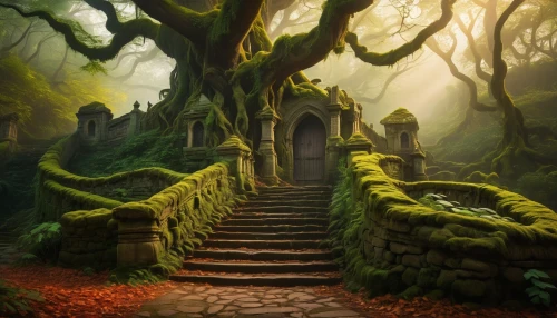 the mystical path,fantasy landscape,elven forest,fantasy picture,witch's house,forest path,druid grove,fairytale forest,enchanted forest,house in the forest,fantasy art,fairy forest,wooden path,winding steps,the threshold of the house,devilwood,hiking path,witch house,the path,haunted forest,Illustration,Realistic Fantasy,Realistic Fantasy 18