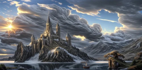 fantasy landscape,fantasy picture,heroic fantasy,fantasy art,jrr tolkien,northrend,3d fantasy,imperial shores,futuristic landscape,skyrim,fantasy world,giant mountains,mountain settlement,mountain world,cloud mountain,hall of the fallen,elven,world digital painting,guards of the canyon,dunun