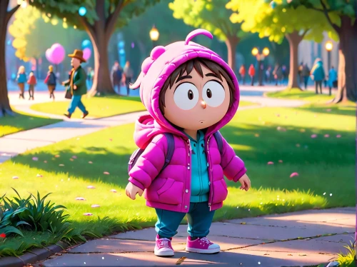 agnes,parka,cute cartoon character,cute cartoon image,hoodie,cartoon forest,child in park,girl walking away,peanuts,jacket,rain suit,worried girl,cartoon character,3d render,a pedestrian,laika,stroll,pedestrian,little girl running,raincoat,Anime,Anime,Cartoon