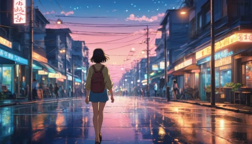 girl walking away,tokyo city,taipei,walking in the rain,tokyo,shibuya,anime japanese clothing,busan night scene,shinjuku,studio ghibli,city lights,blue rain,evening atmosphere,japan's three great night views,citylights,osaka,kyoto,girl in a long,night scene,japanese background,Photography,General,Cinematic