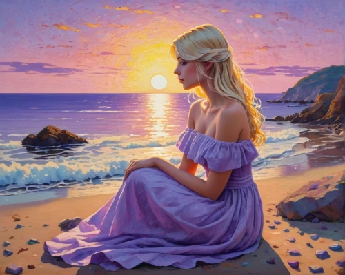 la violetta,oil painting,oil painting on canvas,fantasy picture,art painting,fantasy art,sea breeze,purple landscape,mystical portrait of a girl,sun and sea,blonde woman,sailing blue purple,relaxed young girl,sea landscape,by the sea,fineart,romantic portrait,eventide,girl with a dolphin,young woman,Conceptual Art,Daily,Daily 31