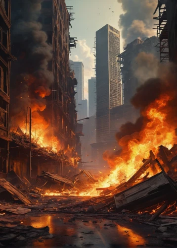 apocalyptic,destroyed city,post-apocalyptic landscape,city in flames,post apocalyptic,post-apocalypse,apocalypse,dystopia,burning earth,scorched earth,dystopian,the conflagration,conflagration,fire background,destruction,demolition,the end of the world,explosion,war zone,explosions,Conceptual Art,Fantasy,Fantasy 15