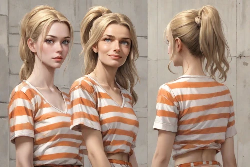 blond girl,blonde woman,blonde girl,clementine,prisoner,horizontal stripes,female doll,stylized,striped background,laurie 1,doll looking in mirror,orange,girl in a long,lori,mirror image,realdoll,triplet lily,the girl's face,parallel,women's clothing,Digital Art,Comic