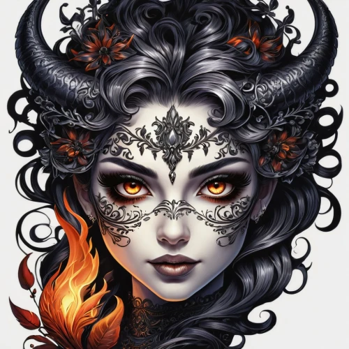 devil,taurus,fantasy portrait,medusa,the zodiac sign taurus,fire eyes,zodiac sign gemini,fire devil,horned,fire siren,pagan,capricorn,vector illustration,fire red eyes,fiery,fire angel,masquerade,medusa gorgon,garuda,evil woman,Conceptual Art,Fantasy,Fantasy 14