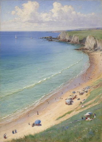 beach landscape,coastal landscape,perranporth,landscape with sea,lev lagorio,dorset,gower,cliff beach,sceleton coast,carbis bay,the coast,cornwall,cliff coast,tenby,etretat,sea landscape,basset artésien normand,normandy,seaside view,people on beach,Art,Classical Oil Painting,Classical Oil Painting 13