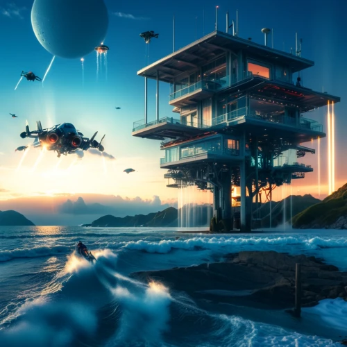 futuristic landscape,sky space concept,sci fiction illustration,cube stilt houses,scifi,futuristic architecture,artificial island,floating islands,fantasy landscape,floating huts,artificial islands,sci-fi,sci - fi,sky apartment,sci fi,science fiction,earth station,space port,island suspended,beachhouse,Photography,General,Realistic