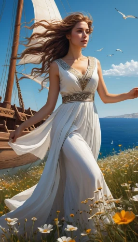 fantasy picture,the wind from the sea,fantasy art,celtic woman,world digital painting,the sea maid,girl on the boat,sails,wind warrior,sailing,heroic fantasy,celtic queen,greek myth,greek mythology,little girl in wind,seafaring,fantasy portrait,thracian,scarlet sail,sailing ship,Conceptual Art,Fantasy,Fantasy 11