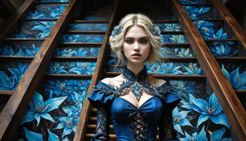 blue enchantress,girl on the stairs,elsa,stairwell,valerian,queen cage,staircase,sorceress,alice,the enchantress,stair,elf,cinderella,blue heart,stairs,stairway,fantasia,hall of the fallen,motifs of blue stars,scales of justice,Illustration,Realistic Fantasy,Realistic Fantasy 23