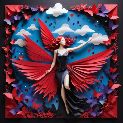 winged heart,red butterfly,cupido (butterfly),queen of hearts,passion butterfly,rosella,cupid,social,valentine day's pin up,firebird,paper art,flying heart,cd cover,songbird,red bird,red fly,freedom from the heart,valentine pin up,wind vane,flower of passion,Illustration,Retro,Retro 03