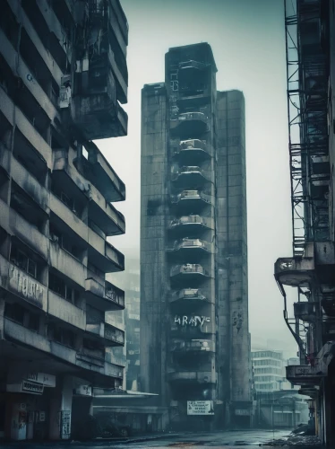 kowloon city,kowloon,hashima,post-apocalyptic landscape,brutalist architecture,dystopian,district 9,high-rises,post apocalyptic,highrise,destroyed city,high-rise,post-apocalypse,gunkanjima,high rises,apartment block,high rise,apartment blocks,urban landscape,luxury decay,Conceptual Art,Sci-Fi,Sci-Fi 29