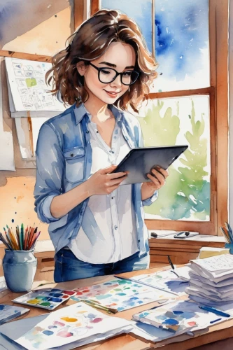 illustrator,girl studying,correspondence courses,watercolor background,expenses management,watercolor painting,women in technology,coloring for adults,work at home,girl at the computer,office worker,girl drawing,publish a book online,sci fiction illustration,publish e-book online,watercolor shops,self employed,meticulous painting,painting technique,reading glasses,Illustration,Paper based,Paper Based 25