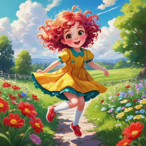 merida,girl in flowers,colorful daisy,girl picking flowers,little girl in wind,acerola,children's background,pumuckl,springtime background,little girl running,cute cartoon character,red-haired,spring background,girl in the garden,flower fairy,little girl with balloons,kids illustration,flower background,redhead doll,cheery-blossom,Art,Classical Oil Painting,Classical Oil Painting 10