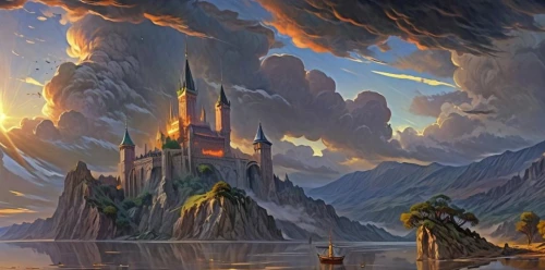 fantasy landscape,fantasy picture,northrend,heroic fantasy,castle of the corvin,mountain settlement,fantasy art,knight's castle,water castle,fantasy city,fire mountain,fairy tale castle,ancient city,peter-pavel's fortress,gold castle,aurora village,fantasy world,hall of the fallen,imperial shores,ruined castle
