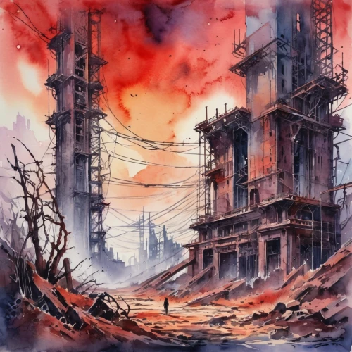 gunkanjima,post-apocalyptic landscape,destroyed city,apocalyptic,post-apocalypse,demolition,post apocalyptic,industrial ruin,ruins,industrial landscape,ruin,hashima,watercolor,watercolor background,lost in war,wasteland,dystopian,apocalypse,dystopia,pripyat,Illustration,Paper based,Paper Based 25