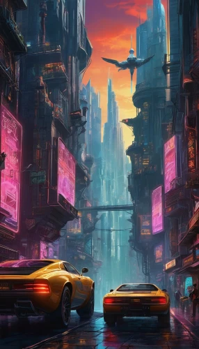 futuristic landscape,cityscape,colorful city,cyberpunk,fantasy city,shanghai,metropolis,world digital painting,futuristic,ancient city,dystopian,street canyon,dystopia,urban,evening city,dusk,kowloon,hanoi,fantasy landscape,city blocks,Illustration,Realistic Fantasy,Realistic Fantasy 42