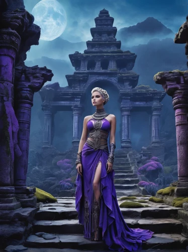 blue enchantress,artemis temple,stone background,purple wallpaper,purple moon,violet head elf,background with stones,purple lilac,lilac,purple background,fantasy picture,purple,rich purple,purple dress,goddess of justice,priestess,celtic queen,dark elf,la violetta,violet,Photography,Fashion Photography,Fashion Photography 03