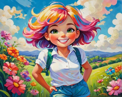 girl in flowers,colorful daisy,cheery-blossom,girl picking flowers,flower painting,springtime background,flora,flower background,little girl in wind,a girl's smile,picking flowers,pink dahlias,clover meadow,pink daisies,clover blossom,blooming field,nora,field of flowers,acerola,children's background,Conceptual Art,Oil color,Oil Color 25