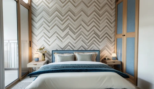 red chevron pattern,guest room,guestroom,patterned wood decoration,blue sea shell pattern,geometric style,contemporary decor,room divider,geometric pattern,modern decor,bedroom,chevrons,sleeping room,modern room,zigzag pattern,window treatment,boutique hotel,canopy bed,blue room,four-poster,Photography,General,Realistic