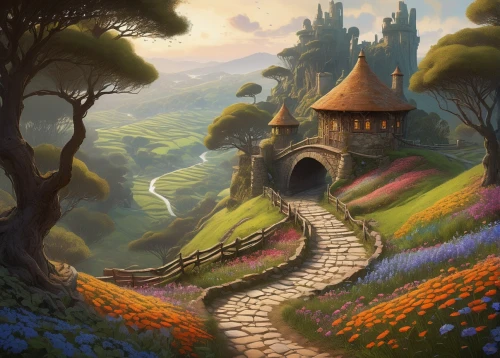 fantasy landscape,fairy tale castle,hobbiton,fairytale castle,fairy village,fantasy picture,fairy chimney,rapunzel,fairy tale,children's fairy tale,knight's castle,a fairy tale,world digital painting,fairy house,knight village,fairy world,home landscape,fairytale,fantasy world,dandelion hall,Illustration,Realistic Fantasy,Realistic Fantasy 28