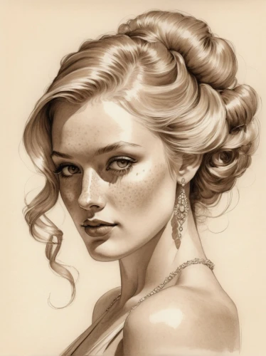 updo,pencil drawings,vintage drawing,girl portrait,pencil drawing,chignon,bouffant,romantic portrait,girl drawing,woman portrait,elsa,fantasy portrait,fashion illustration,charcoal pencil,vintage woman,sepia,digital painting,blonde woman,young woman,pencil art,Illustration,Paper based,Paper Based 17