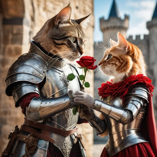 cat warrior,medieval,cat lovers,cat european,flower delivery,red tabby,romance,way of the roses,throughout the game of love,courtship,knight armor,felines,cat love,romantic portrait,cat image,romantic meeting,the cat and the,romantic scene,forbidden love,middle ages,Conceptual Art,Daily,Daily 13