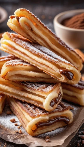 churros,cinnamon sticks,mille-feuille,churro,sfogliatelle,sopaipilla,crepes,flaky pastry,dulce de leche,crepe,crêpe,palmier,chocolate wafers,crape,pastelón,scacciata,strudel,vanillekipferl,puff pastry,cinnamon stick,Photography,General,Realistic