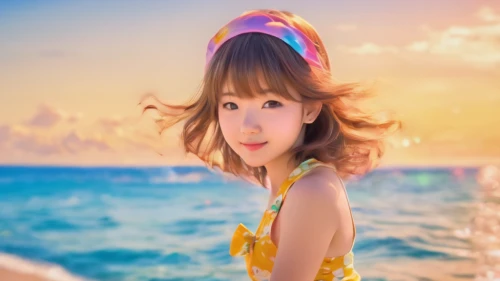 pile,candy island girl,maimi fl,beach background,japanese idol,yellow sun hat,anime 3d,high sun hat,kawaii girl,sun hat,portrait background,melody,photographic background,girl wearing hat,colorful background,rainbow background,image editing,background colorful,edit icon,womans seaside hat,Illustration,Japanese style,Japanese Style 01