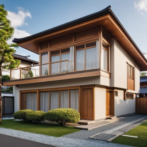3d rendering,modern house,render,japanese architecture,core renovation,wooden house,residential house,wooden facade,smart home,house shape,two story house,floorplan home,mid century house,smart house,frame house,cubic house,house front,small house,house,large home,Photography,General,Realistic