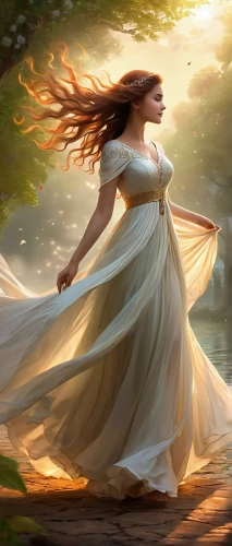 celtic woman,girl in a long dress,woman walking,mystical portrait of a girl,little girl in wind,sun bride,fantasy picture,gracefulness,girl walking away,faerie,whirling,ballerina in the woods,divine healing energy,world digital painting,fantasy art,spring equinox,faery,girl on the river,the mystical path,jessamine,Illustration,Realistic Fantasy,Realistic Fantasy 01