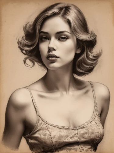 vintage woman,sepia,vintage drawing,vintage female portrait,vintage girl,retro woman,retro pin up girl,vintage women,retro women,pin-up girl,pin-up model,charcoal drawing,pin ups,portrait background,pencil drawings,young woman,retro girl,pinup girl,blonde woman,pin up girl,Illustration,Black and White,Black and White 26