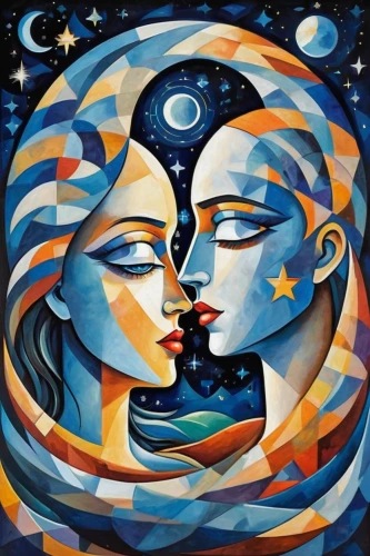 celestial bodies,amorous,honeymoon,the moon and the stars,two people,man and woman,mother kiss,gemini,blue moon,lovers,sun and moon,couple - relationship,oil painting on canvas,moon and star,horoscope libra,global oneness,all forms of love,couple in love,astronomers,young couple,Art,Artistic Painting,Artistic Painting 45