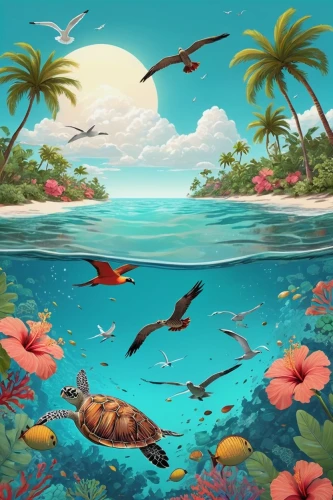 cartoon video game background,tropical animals,tropical sea,tropical birds,tropical fish,dolphin background,mermaid background,ocean background,ocean paradise,underwater landscape,underwater background,tropical floral background,underwater oasis,coral reef,tropical island,bird kingdom,aquatic animals,bird island,birds of the sea,children's background,Illustration,Abstract Fantasy,Abstract Fantasy 05