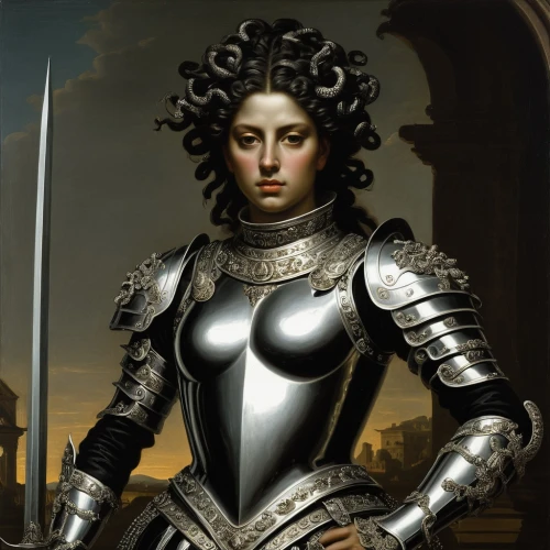 joan of arc,cuirass,female warrior,artemisia,warrior woman,cepora judith,st george,lacerta,breastplate,prussian,prussian asparagus,queen anne,brazilian monarchy,girl in a historic way,head woman,catarina,emperor wilhelm i,swordswoman,elizabeth i,épée,Art,Classical Oil Painting,Classical Oil Painting 25
