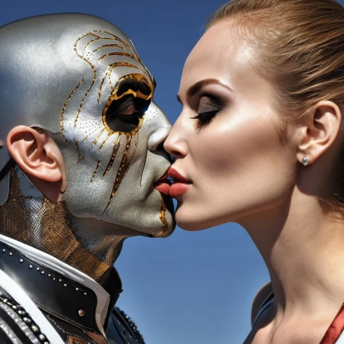 amorous,forbidden love,boy kisses girl,girl kiss,the carnival of venice,romantic portrait,kiss,makeup artist,man and woman,first kiss,conceptual photography,applying make-up,face to face,metal implants,couple in love,cirque du soleil,face paint,hot love,bodypainting,venetian mask,Photography,General,Realistic