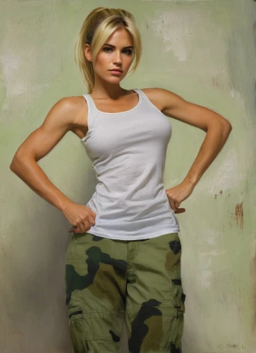 cargo pants,photo painting,portrait background,women clothes,women's clothing,woman holding gun,oil painting,girl with gun,ladies clothes,blonde woman,khaki pants,female model,art painting,ammo,sweatpant,fashion vector,girl with a gun,oil paint,women fashion,art model,Conceptual Art,Oil color,Oil Color 11