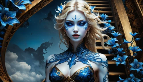 blue enchantress,fantasy art,the snow queen,blue moon rose,blue rose,blue snowflake,suit of the snow maiden,fantasy woman,holly blue,sorceress,fantasy portrait,widow flower,fantasy picture,blue star,sapphire,blue petals,blue heart,horoscope libra,blue bonnet,the enchantress,Illustration,Realistic Fantasy,Realistic Fantasy 25