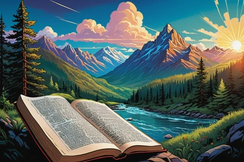 bible pics,new testament,sci fiction illustration,bibel,bibliology,hymn book,church painting,old testament,book illustration,read a book,magic book,background image,mountain scene,landscape background,open book,the spirit of the mountains,turn the page,biblical narrative characters,prayer book,bible,Illustration,Children,Children 01