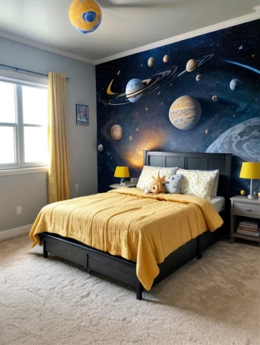 great room,boy's room picture,children's bedroom,sleeping room,kids room,duvet cover,baby room,starry night,solar system,bedroom,guest room,guestroom,sky apartment,large space,modern room,wall sticker,sky space concept,modern decor,wall decoration,the solar system