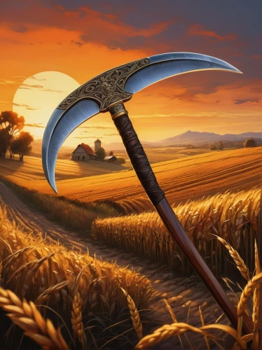 scythe,blade of grass,blades of grass,pickaxe,dane axe,grass blades,sward,wheat field,tomahawk,wheat crops,strand of wheat,wheat fields,sickle,digging fork,awesome arrow,throwing axe,longbow,harvester,butcher ax,triticale,Conceptual Art,Oil color,Oil Color 04