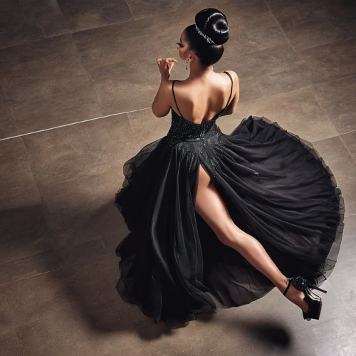 ball gown,evening dress,chignon,elegance,strapless dress,hoopskirt,elegant,tulle,twirl,flamenco,updo,black swan,twirling,black woman,dress to the floor,twirls,overskirt,gracefulness,drape,robe,Photography,General,Realistic