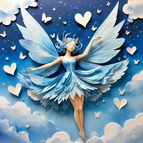 winged heart,love angel,flying heart,blue butterfly background,dove of peace,fairies aloft,blue heart,angel girl,angel wings,angel wing,cupido (butterfly),cupid,fairy,faerie,blue heart balloons,angel,heart background,angel figure,child fairy,fairy queen,Illustration,Retro,Retro 03