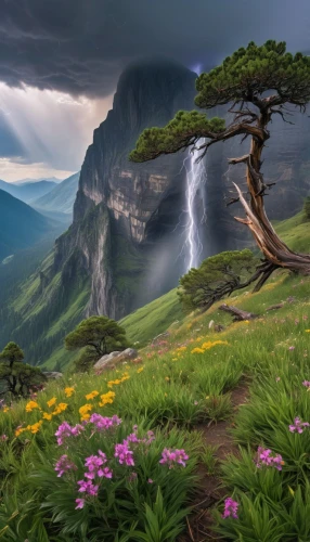 mountain landscape,nature landscape,isolated tree,fantasy landscape,beautiful landscape,mountainous landscape,mountain meadow,mountain pasture,lone tree,mountain scene,landscape nature,landscapes beautiful,meadow landscape,natural landscape,landscape background,the landscape of the mountains,landscape mountains alps,natural scenery,the valley of flowers,the natural scenery,Photography,General,Realistic
